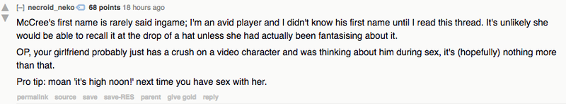 Illustration for article titled Girlfriend Allegedly Calls Out Overwatch Character's Name During Sex, Fandom Replies 'Same'